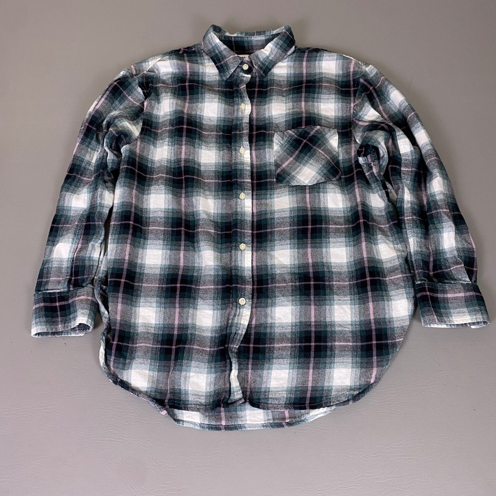 Sonoma Flannel Shirt Women's XL Plaid Button Down Shirt Green Pink Cotton Rayon